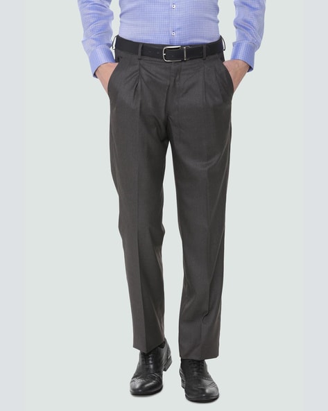 Buy Louis Philippe Men Grey Solid Slim Fit Pleated Trousers - Trousers for  Men 17567464 | Myntra