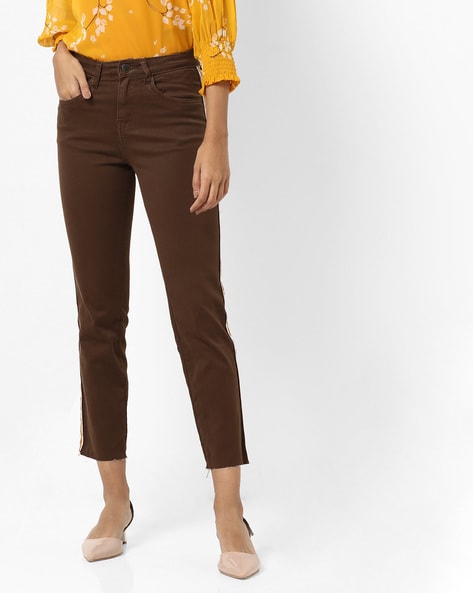 Mid-Rise Ankle-Length Straight Jeans with Contrast Side Taping