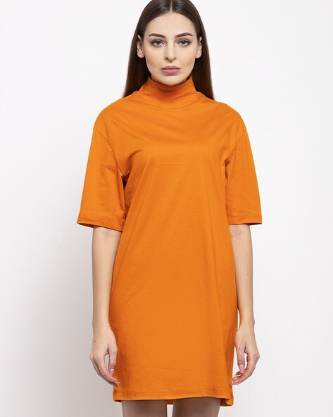 high neck orange dress