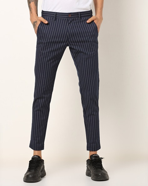 Mens Striped Trousers In Navy Blue