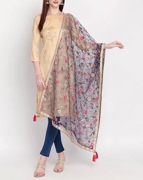 Floral Embroidered Net Dupatta with Beaded Border Price in India