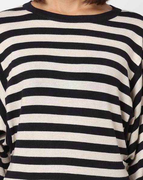 Zbrandy Mens Striped Shirt Wide Stripes Long Sleeve Crew Neck Tees Black  and White M