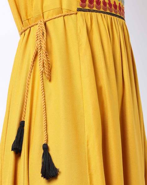 Embroidered A-line Dress with Tasseled Tie-Ups (Image - 2)