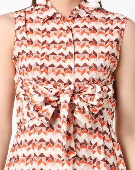 Geometric Print Shirt Dress with Tie-Up