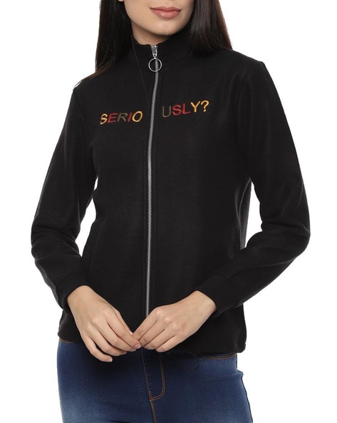 People Zip-Front Jacket with Text Embroidery