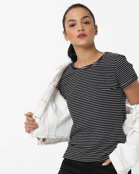 Alibi Striped Top with Curved Hemline