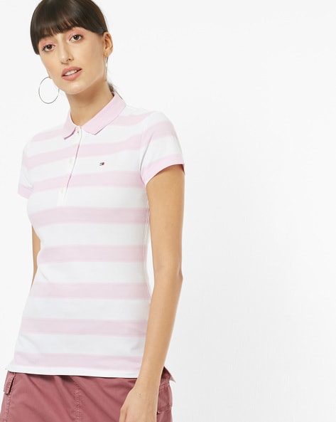 pink and white striped polo shirt womens