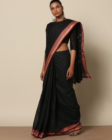 Buy Black Handwoven Kanchipuram Cotton Saree Online at Jaypore.com
