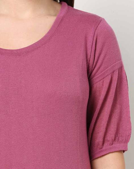 Textured Round-Neck Top with Balloon Sleeves (Image - 3)