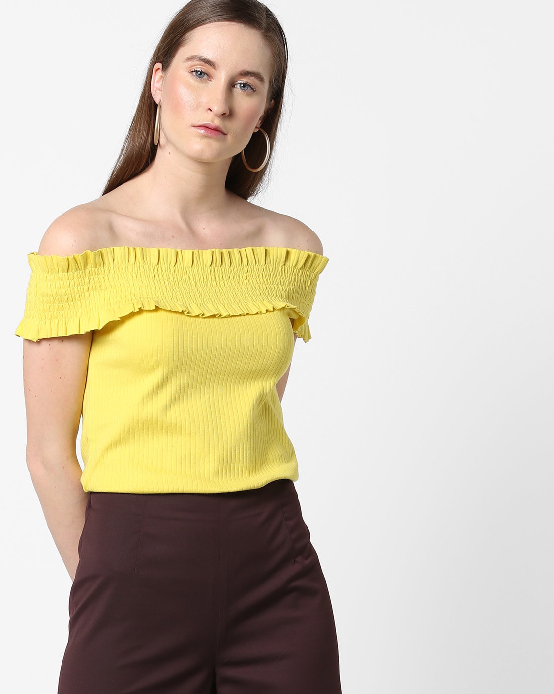 yellow smocked off the shoulder top