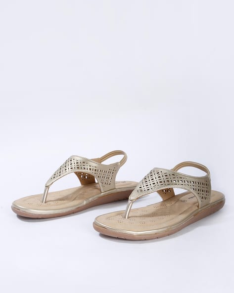 Metallic T-strap Sandals with Laser-Cuts