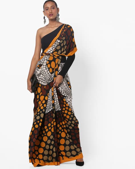 Polka-Dot Print Saree With Contrast Border By Florence ( Yellow )
