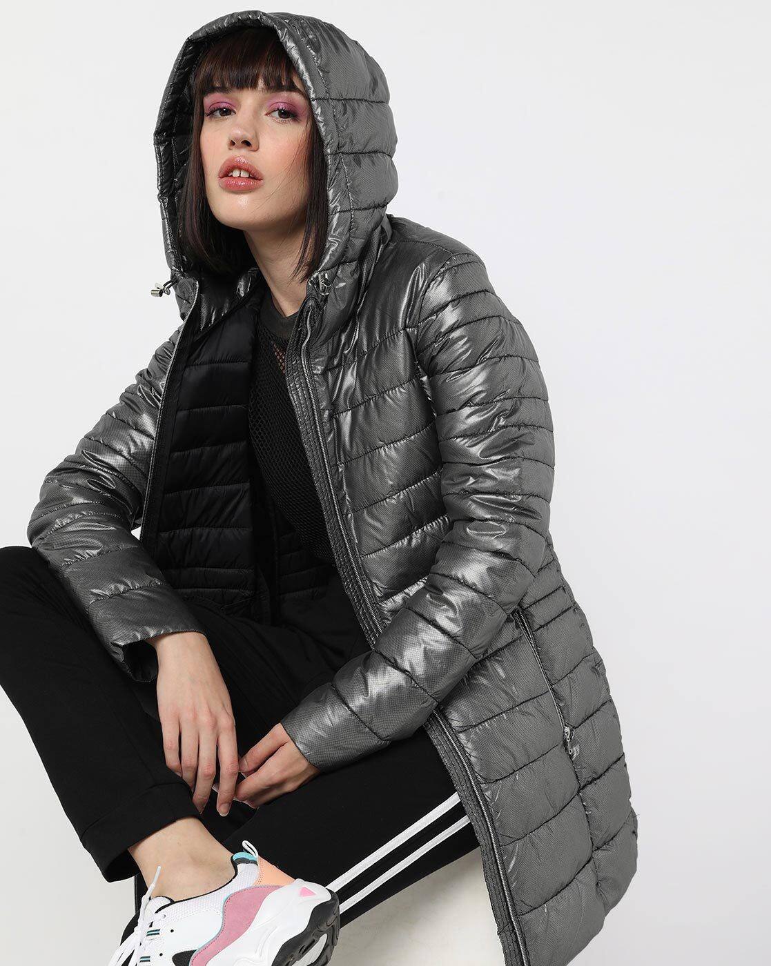 Metallic Zip-Front Hooded Puffer Jacket