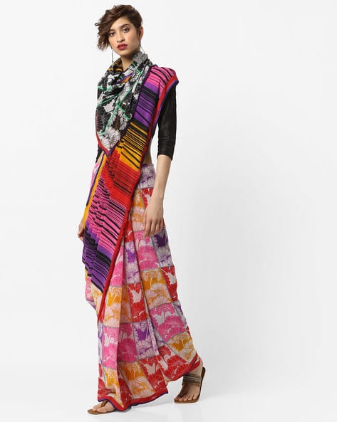 Printed Chiffon Saree With Contrast Border By Florence ( Multi )