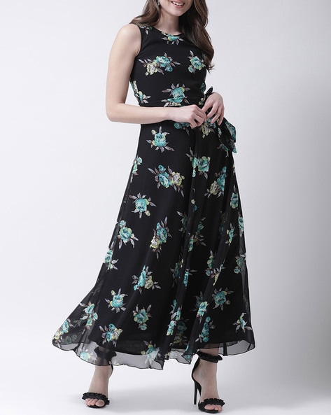 Floral Print A-line Dress with Detachable Belt