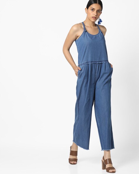 strappy denim jumpsuit