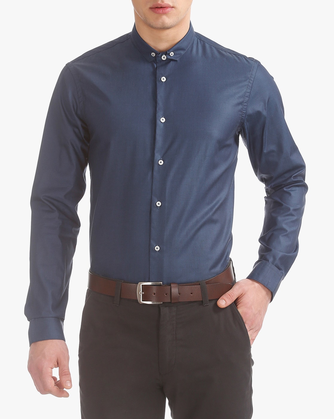 navy blue button down collar shirt