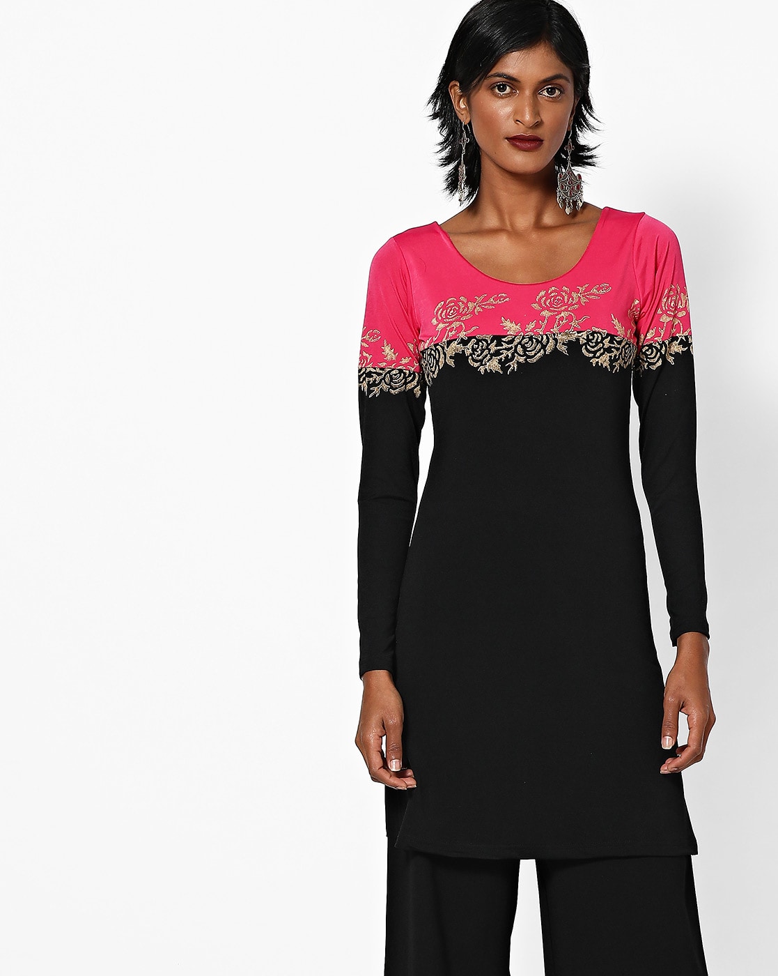 Ishin Women Black & Pink Embroidered Kurta with Palazzo & Dupatta -  Absolutely Desi