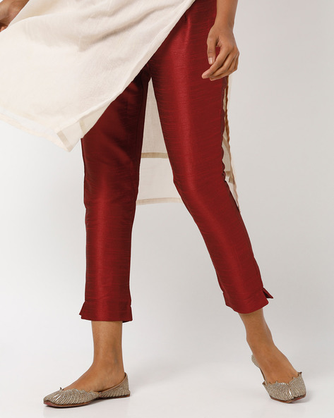 de moza maroon pants ankle length cigarette pants with semi elasticated waist