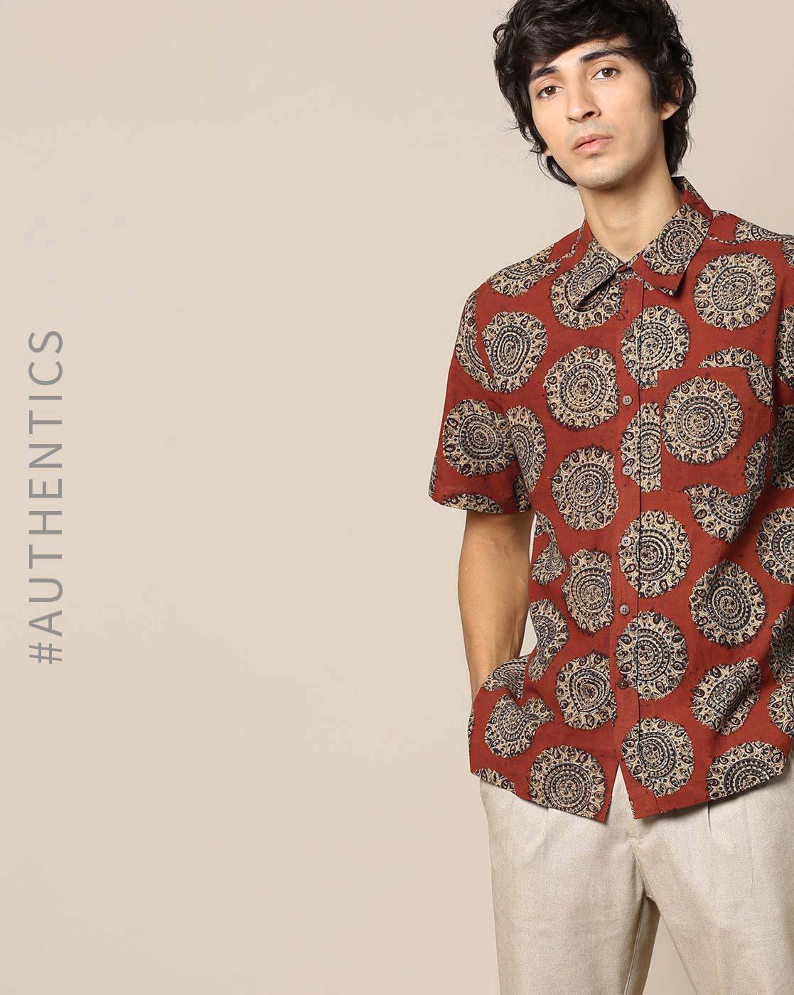 Black - Kalamkari Block Printed Cotton Men Half Sleeve Shirt