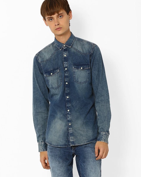 Albiate Washed Dark Slate Blue Denim Shirt by Proper Cloth