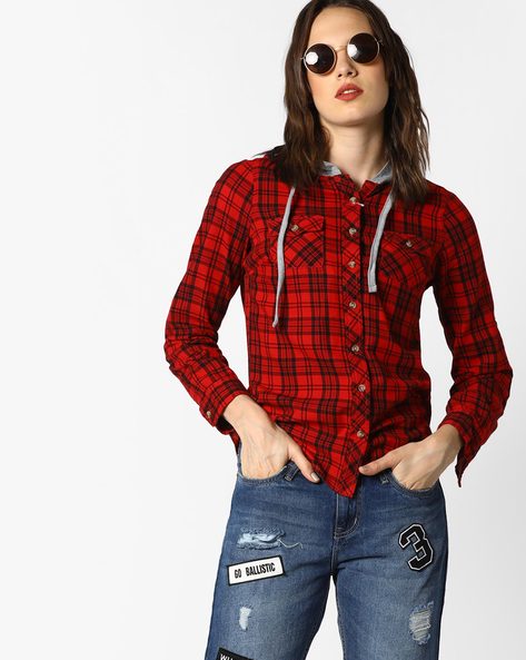 hooded check shirt womens