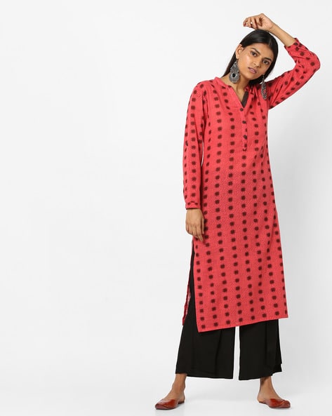 Printed Straight Kurta With Mandarin Collar By ETHNIC CURRY ( Red )