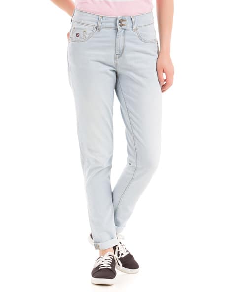 Heavily Washed Low-Rise Boyfriend Jeans