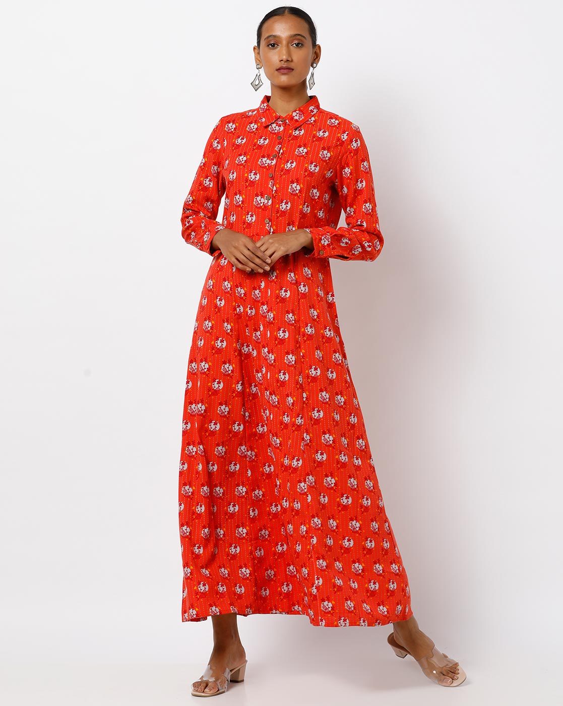 Buy GLOBAL DESI Mustard Women's V Neck Printed Flared Dress | Shoppers Stop