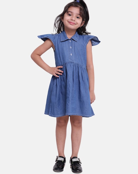 Buy Bold N Elegant Girl's Short Sleeve Front Open Stylish Cotton Denim  Dress Frock Tunic with PU Leather Belt and Pockets for Infant Toddler Baby  Girls (6-12 Months, Dark Blue) at Amazon.in