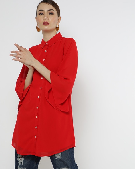 red shirt with bell sleeves