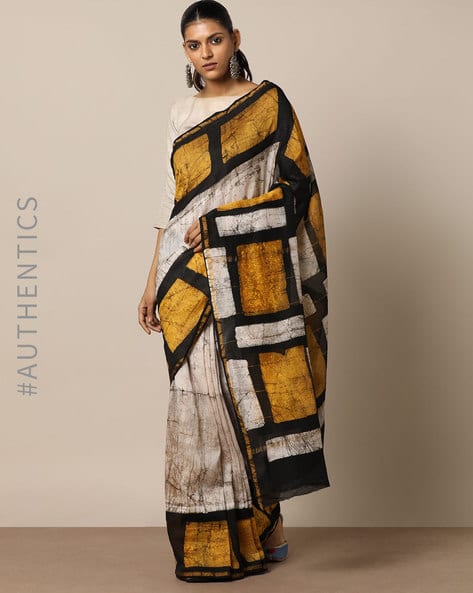 Hand Batik Print Chanderi Saree With Zari By Indie Picks ( Multi )