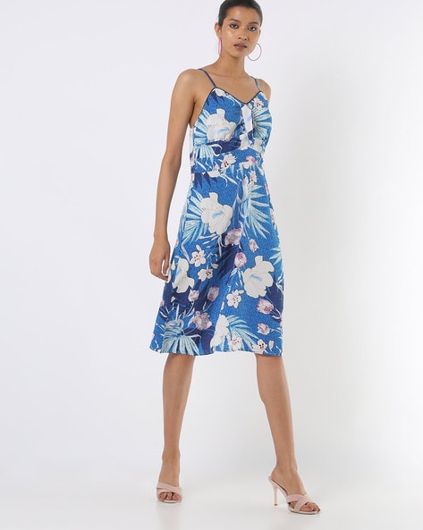 Classy Blue Floral Sleeveless A-Line Crossover Dress – Sujatra