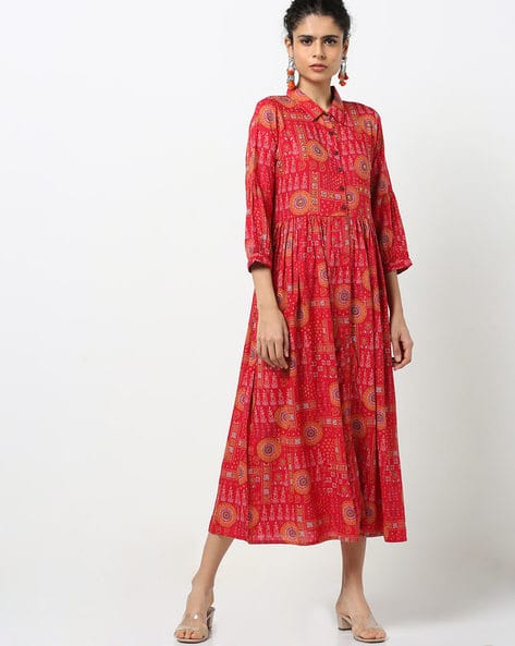 Printed A-line Dress with Metal Accent