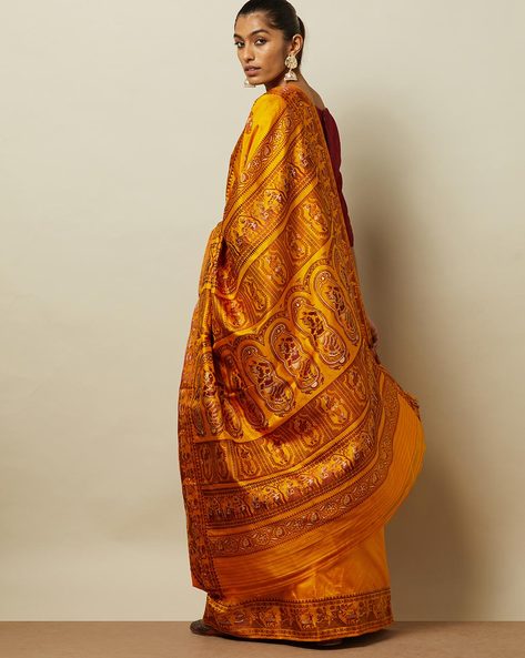 Elegant Golden Yellow Silk Baluchari Saree