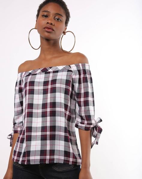 Checkered off 2025 shoulder top