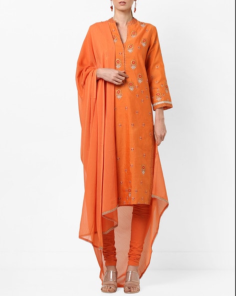 Women Cream-Colored & Orange Checked Straight Kurta VCK1100 – Ahika