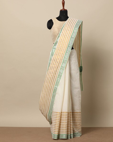 Indie Picks Off-White Traditional Anand Kerala Kasavu Cotton Saree
