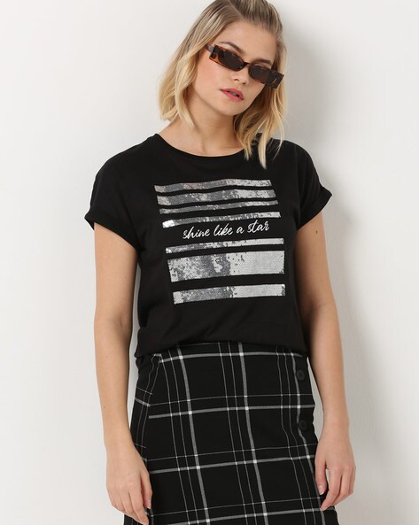 Typographic Print T-shirt with Embellishment