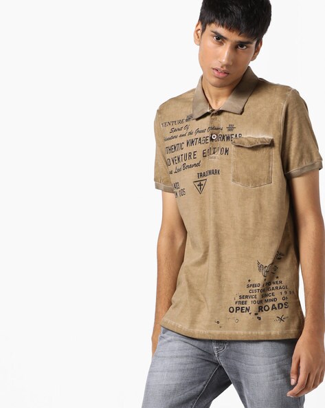 AJIO Khaki Polo Typographic Print Polo T-shirt with Patch Pocket