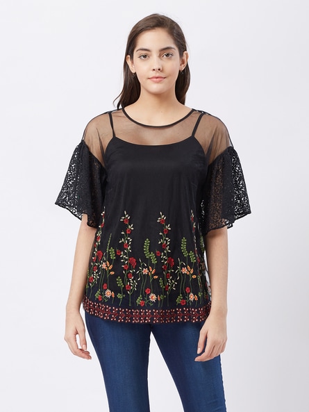 black sheer embroidered top