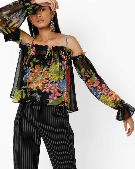 Floral Print Strappy Cold-Shoulder Top By AJIO ( Black )