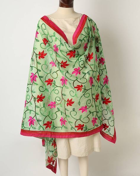 Floral Embroidered Dupatta with Contrast Border Price in India