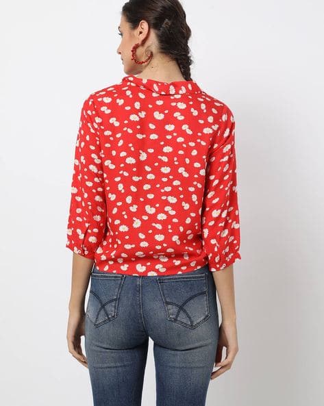 Floral Print Shirt Top with Tie-Up Hemline (Image - 2)