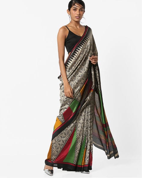 Printed Pochampally Saree With Contrast Border By Florence ( Multicolour ) - 460203084001