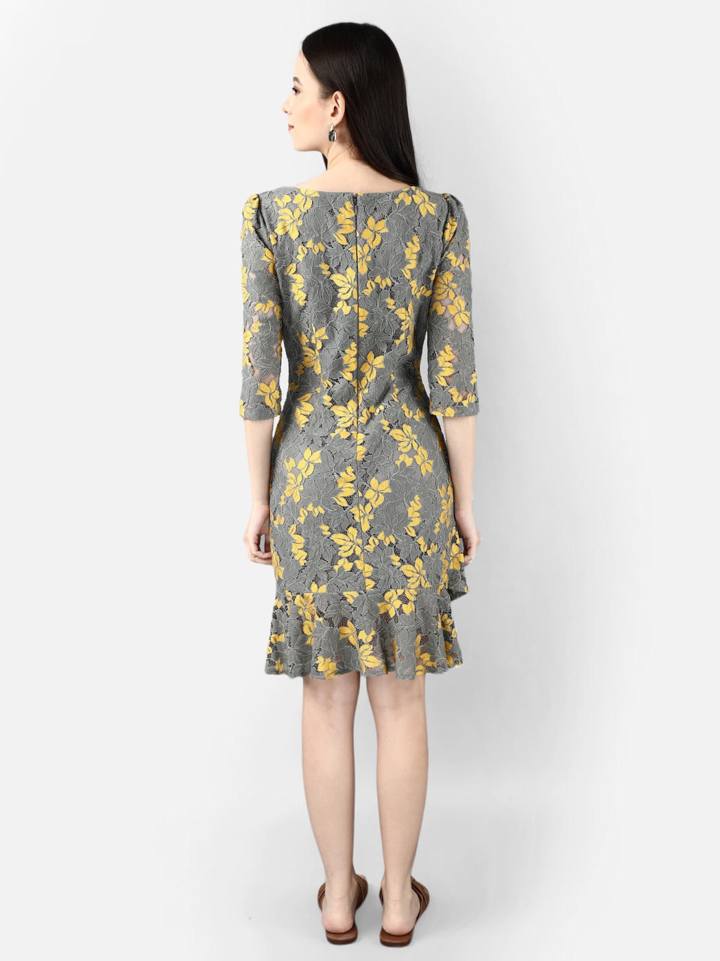 grey dress with yellow flowers