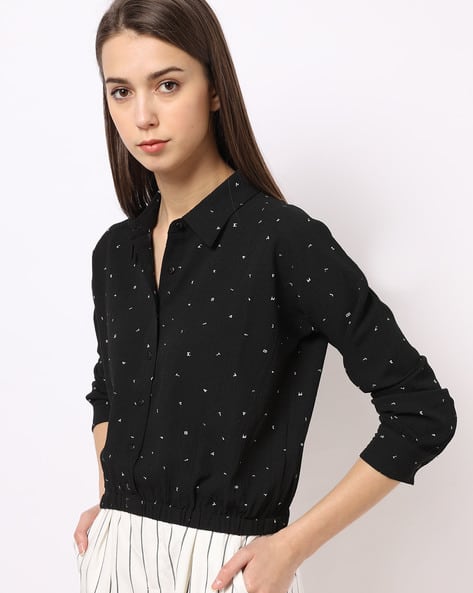 Text Print Shirt with Elasticated Hemline (Image - 2)