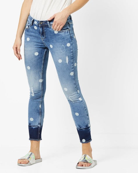 Heavily Washed Polka-Dot Print Skinny Jeans By AJIO ( Lightblue )