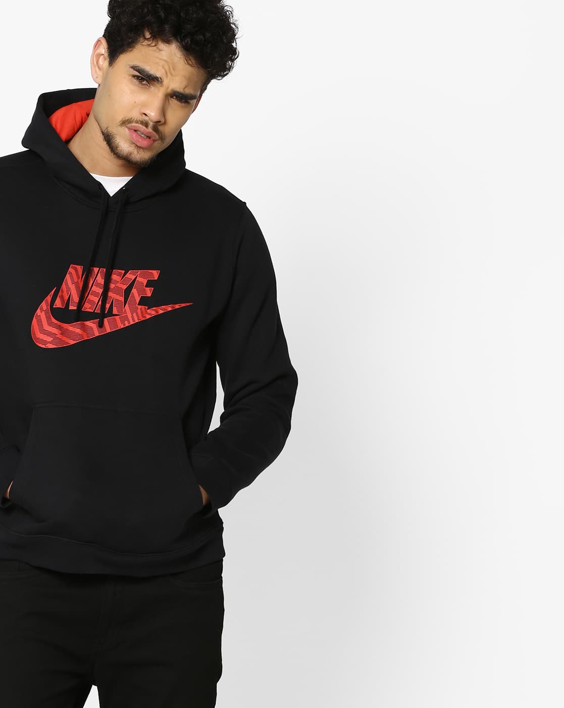 black nike hoodie with red swoosh