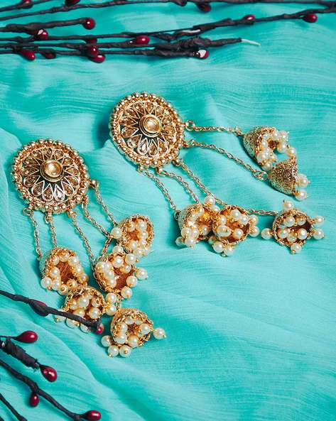 Baby Pink & Turquoise Natural Gemstones Embedded Gold Finish Jhumka Ea – A  Local Tribe